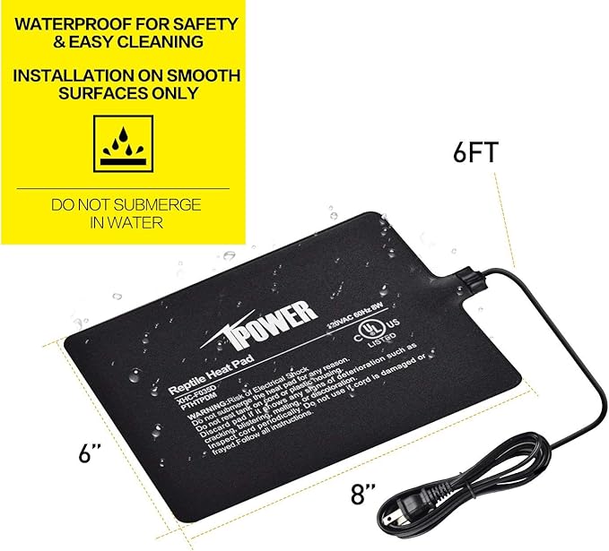 iPower Reptile Heating Pad, Under Tank Heater, Waterproof Terrarium Heat Mat 6X8 Inch, for Turtle, Lizard, Frog, Snake and Other Reptiles