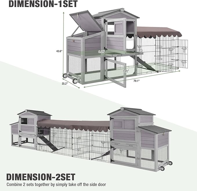 79‘’ Chicken Coop with Wheels, Wooden Hen House with Large Nesting Box, Outdoor Poultry Cage with Leakproof Pull-on Tray, Backyard Chicken Coop with Run, Weatherproof Rabbit Hutch