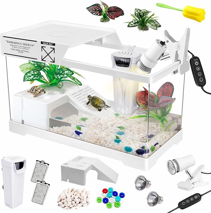 GOZILLA Turtle Tank Kit(Tank+Lamp+Filter), Upgrade PC Turtle Tank Starter Kit with Adjustable Lamp & Filter, Reptile Habitat with Lid, Basking Platform for Small Reptiles.(15.75 × 7.9 × 9''/White Kit)