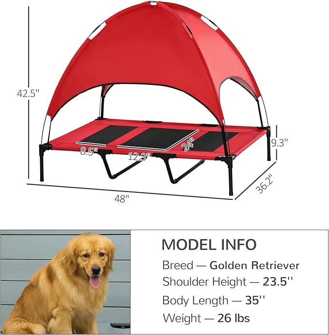 PawHut Elevated Dog Bed with Removable Canopy, Outdoor Dog Cot with UV Protection Canopy Shade, 48 inch Large Pet Bed for Camping, Red