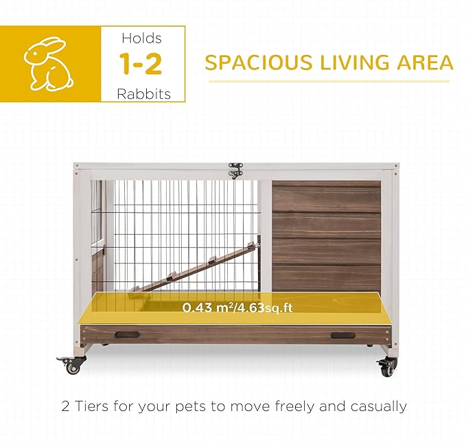 Rabbit Hutch with Wheels, Portable Indoor Outdoor Bunny Cage, Wooden Small Animal House with Removable Tray, Ramp & Side Door for Rabbits, Turtle, Guinea Pigs, Chinchillas- Brown