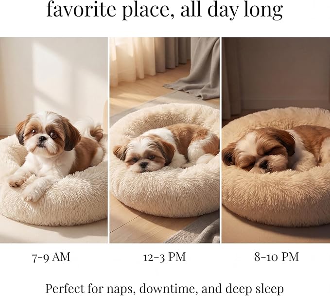 Calming Donut Dogs Beds for Small Dogs Washable,23inch Plush Round Pet Bed for Cozy Sleep,Fluffy Faux Fur Large Cat Bed,Fits up to 25 lbs Pets,Beige