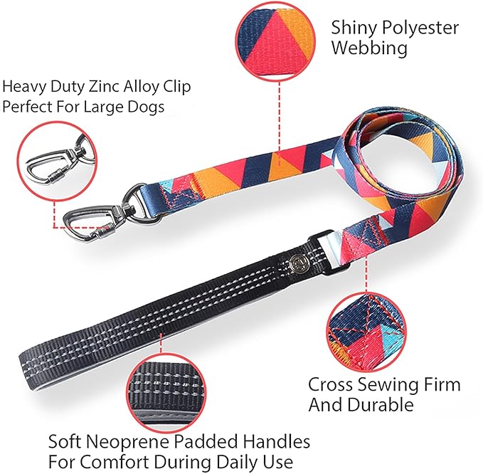 Everking Dog Leash and Collar Set with Metal Buckle, Suitable for Small Dogs Weighing 3-10kg,Memphis Geometric Pattern Design Style, Flexible Webbing, Nylon Handle, Adjustable (Flamingo, S)