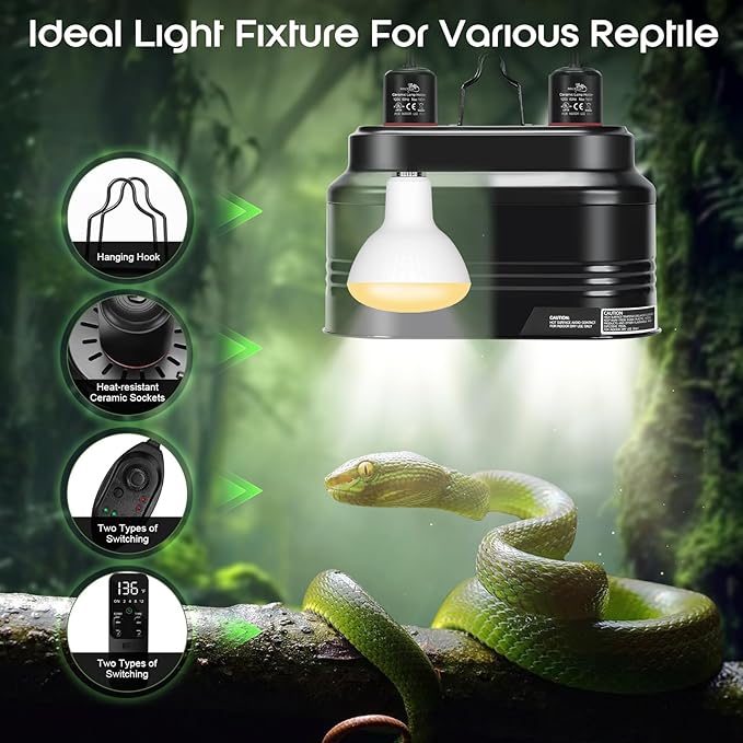 MECESOR Dual Reptile Light Fixture,Double Reptile Heat Lamp Fixture with Independent Thermostat Control & Timer Dimming Function Reflector Dome Lamp Fixture for Lizard,Bearded Dragon - Max 160W