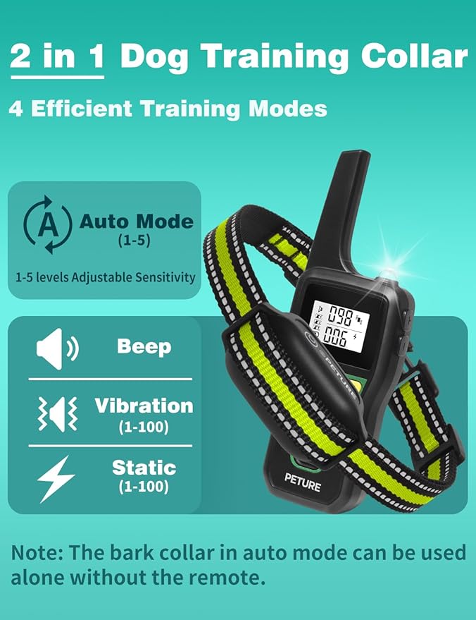 Bark Activated Shock Collar, 3300Ft Dog Bark and Training Collar Combo with Beep, Vibrate, Static & Auto Mode, IPX7 Waterproof Automatic Bark Collar for Small Medium Large Dogs (7-120lbs)