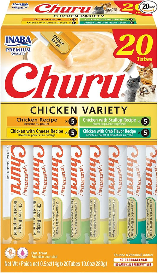 INABA Churu Cat Treats, Lickable, Squeezable Creamy Pur??e Cat Treat with Green Tea Extract & Taurine, 0.5 Ounces Each Tube, 20 Tubes, Chicken Variety Box by INABA