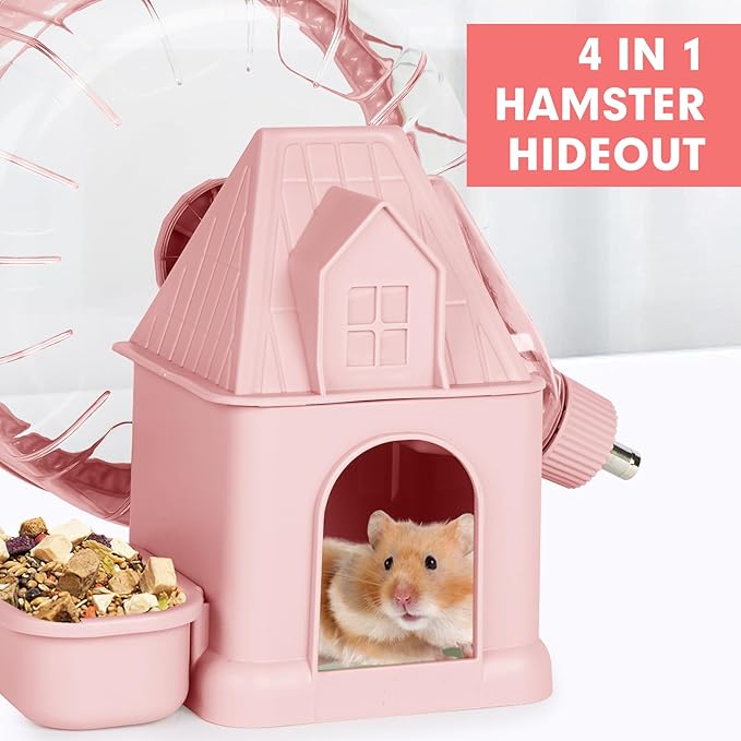 Hamster Toys 4 in 1 Multifunctional Super-Silent Exercise Toys Spinner Wheels with Water Bottle Food Container and Hideout Base Large Spinning Running Wheel for Rat Gerbils Mice (L,Pink)