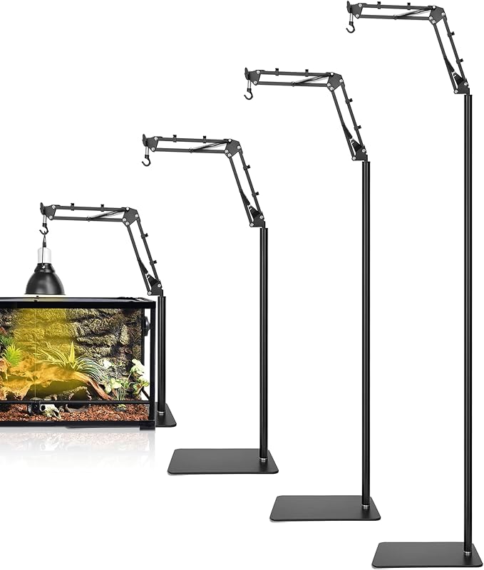 4 IN 1 Metal Reptile Lamp Stand with Swing Arm for Terrarium - Floor Light Stand for Reptile Tank - Adjustable Height & Width & Angle Heat Lamp Holder - Heating Light Bracket & Hanger (Max Height 72")