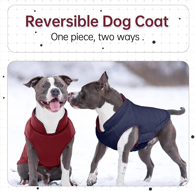 Lelepet Reversible Dog Coat Waterproof Dog Jacket Windproof Puffer Vest for Winter Warm Lightweight Coats for Small Dogs Adjustbale Hook & Loop Pet Apparel with Leash Hole, Pug, Wine Red, M