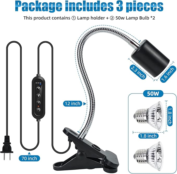 Adjustable Temperature Turtle Tortoise Reptile Heating Lamp with Dual UVB 50W Bulbs and Built-in Timer for Turtles, Tortoises, and Bearded Dragons (Black)