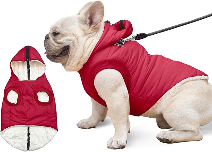 Vecomfy Fleece Lining Dog Hoodie with Harness Built in,Extra Warm Medium Dog Jacket in Winter Doggie Coats with Hooded,Red L