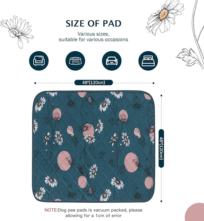 IEUUMLER Washable Pee Pads for Dogs, 1 Pack Non-Slip & Waterproof Pack Whelping Pad, Reusable Washable Puppy Potty Training Pad with Fast Absorbent for Playpen EU007 (Navy Blue Daisy, 48"X48"-1pcs)