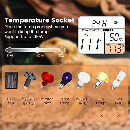 2 in 1 Reptile Dimming Thermostat with 2 Socket for Timer & Heating Control, Thermostat for Reptile Heat Lamp Heat Pad, PID Temperature Controller, Memory Function (Model: PT02T)