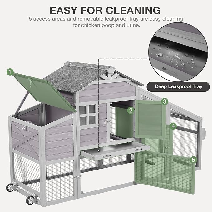 Mobile Chicken Coop with Wheels, Wooden Chicken House with Run, Large Hen Cage with UV Proof Roof and Leak-Proof Tray, Outdoor Chicken Coops with Nesting Box for 2-4 Chickens (Grey)