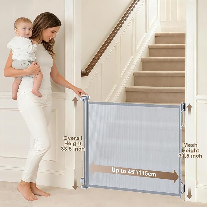 SPACEANY Retractable Safety Baby Gate or Mesh Dog Gate,Durable Portable Mesh Retractable Gate,Easy to Use for Stairs, Doorways, Hallways, Indoor, Outdoor, 33.5" Tall, Up to 45" Wide, Gray