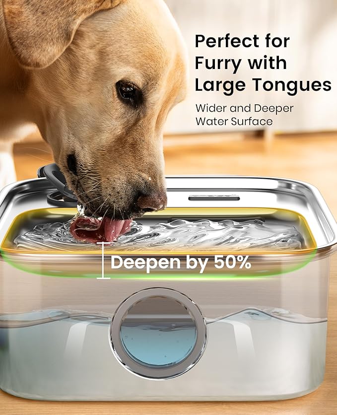 oneisall Dog Water Fountain, 2.6Gal/10L Stainless Steel Dog Water Bowl Dispenser with Deeper Drinking Aera & Washable Filter, Ultra-Quiet Pet Water Fountain for Small Medium Large Dogs(with 6 Fllters)