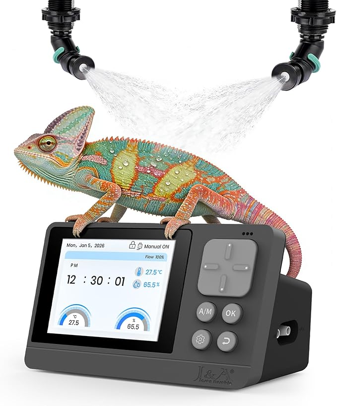 J&A Reptile Mister Automatic Misting System with Temp & Humidity Probe, Adjustable Spray Nozzles, Quiet Operation for Reptile Tank & Terrarium, Suitable for Lizards, Chameleon, Snakes (Grey & Black)