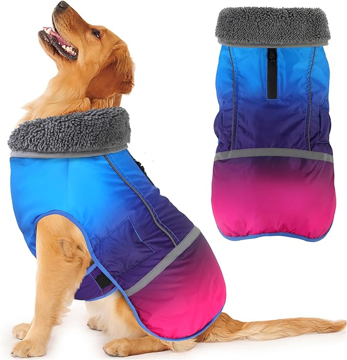 Dogcheer Warm Dog Coat, Waterproof Dog Winter Jacket Christmas Puppy Cold Weather Coats with Buckle, Reflective Adjustable Pet Snow Jacket for Small Medium Large Dogs - Gradient Blue-red, L