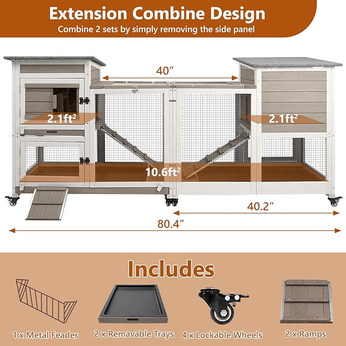 2 Story Rabbit Hutch Indoor with 2 Deeper Pull-Out Trays, Wooden Guinea Pig Cages with 4 Lockable Wheels, Ramp, Chew-Anti Metal Strip for Rabbit, Guinea Pig, Hamster(40.2" L X 23.2" W X 36.6" H)