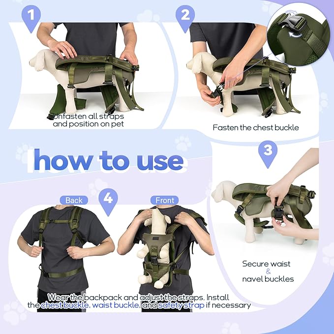 YUDODO Front Pet Carrier Backpack for Small Dogs and Cats, Secure and Breathable Mesh, Ergonomic Support, Adjustable for Walking, Hiking, or Travel (Army Green-Pro S)
