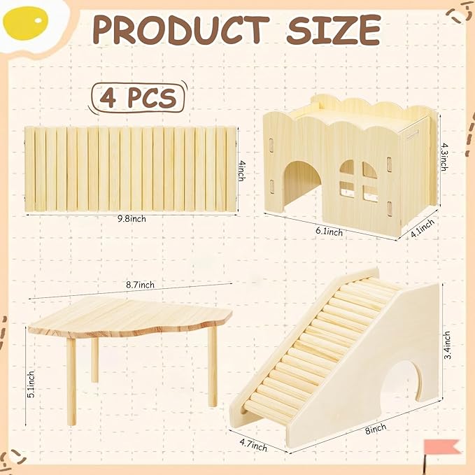 BreezeHug 4 Pcs Hamster Platform Hideout Wooden Tunnel Ladder Playhouse Hamster Game Climbing Toy with Platform Cage Accessories for Small Pets Dwarf Syrian Mice Degus Gerbils Squirrel(Wave)