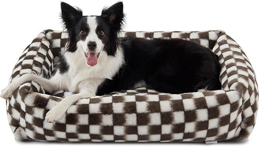 JOEJOY Dog Bed Medium Size Dog, Removable Washable Cover Orthopedic Soft Pet Bed, Anti-Slip Fluffy Plush Faux Rabbit Fur Puppy Bed, 30"x24"x8", Checkered, Brown