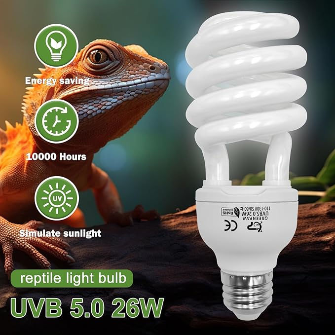 UVB Reptile Light, 5.0 26W UVA UVB Light for Reptiles, Spiral Compact Fluorescent UVB Bulb for Chameleons Tortoise Iguanas and Snakes