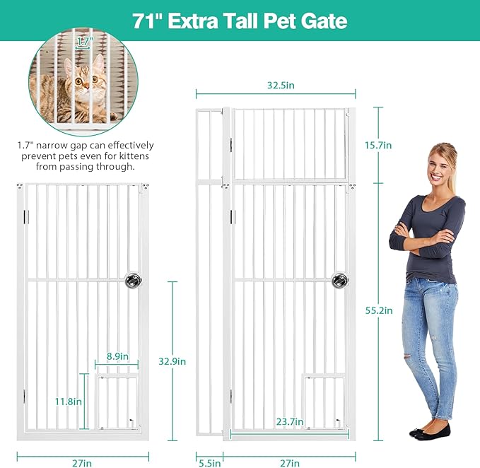 71" Extra Tall Pet Gate with Cat Door, Fits for 28.7"&37.5" Extra Wide Pressure Mounted Pet Barrier Auto-Close Safety Cat Gate with Walk Through Door Latch,White,No Drill