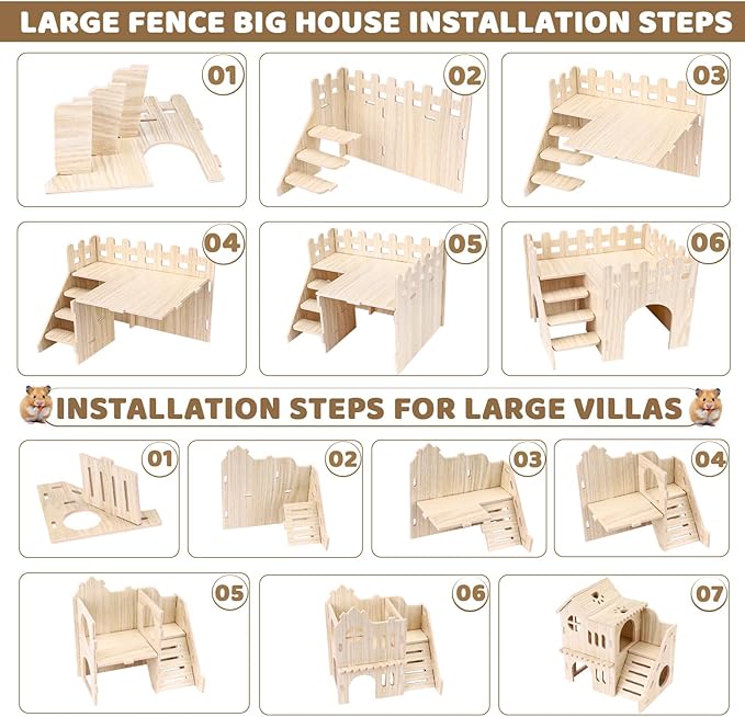 Wooden Hamster Hideout, Hamster Houses and Hideouts with Climbing Ladder, Hamster Maze Hamster Accessories for Bigger Syrian Hamsters and Small Animals