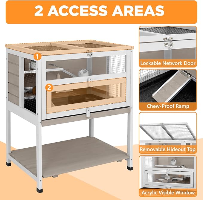 Multi-Platform Guinea Pig Cage Indoor, Wooden Ramp with Metal Chewproof Strips, Pull Out Tray, Storage Shelf, Easy Clean & Assembly, Ideal for Guinea Pig, Chinchilla, Hamster, Rat