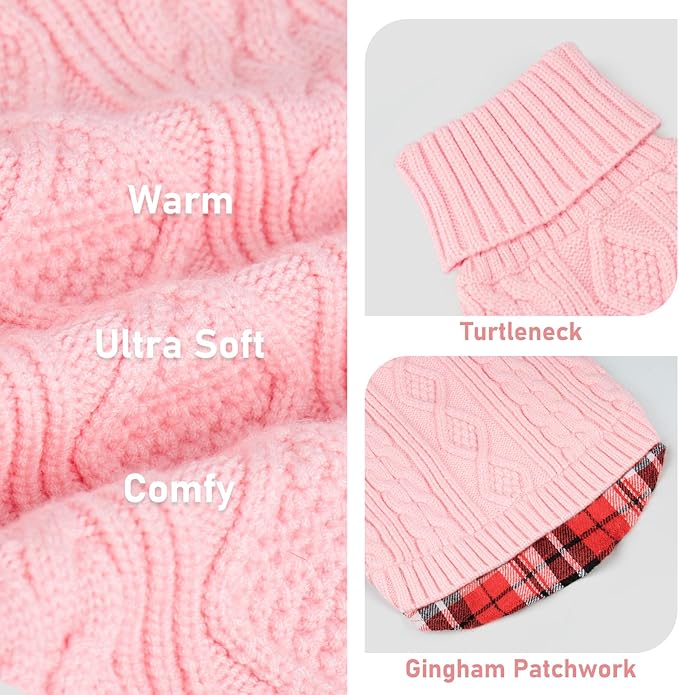 KYEESE Dog Sweater Stretchy Knitwear Cat Clothes Soft Pullover Dog Sweaters for Small Dogs Girl Comfy Pet Coat for Fall Winter Cold Weather Warm Turtleneck Small Dogs Sweater with Gingham Patchwork