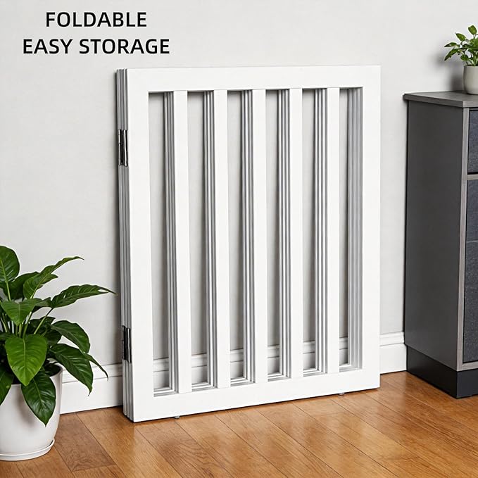 ZJSF Freestanding Indoor Dog Gate for House Foldable Wood White Puppy Gate for Doorways Pet Gate for Stairs Extra Wide Pet Fence 32" Height 4 Panels