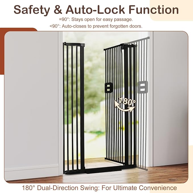 SMONTER 55" High Extra Tall Baby Gate, Safety Cat Gate for Doorways, Expands to 34.2"-38.2" Wide, Auto Close Dog Gate, No Drilling Pressure Mounted Cat Fence, Pet Gate Indoor for Stairs, Black