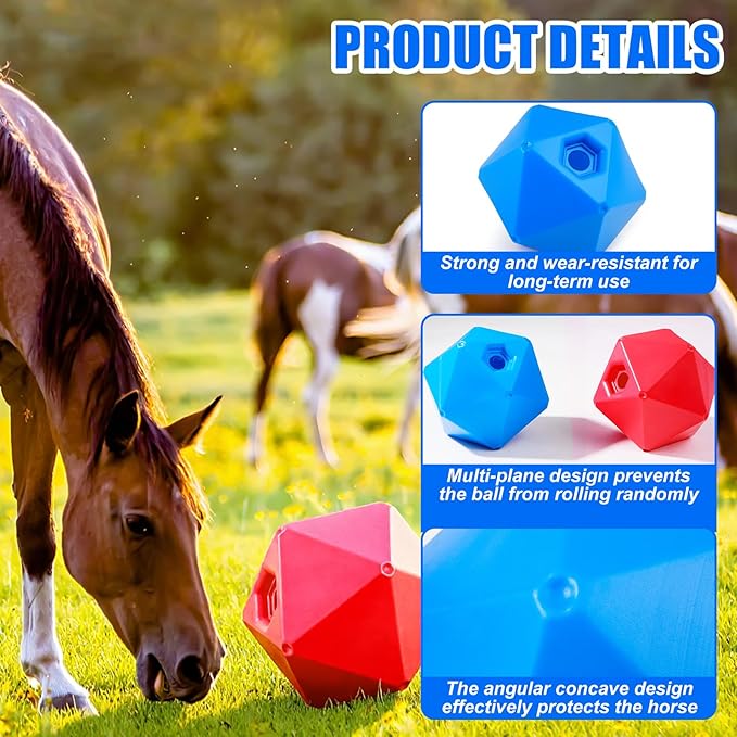 Horse Treat Ball, 9" Horse Ball Feeder Toy & Stress Reliever with 1.13 Inch Opening for Paddock, Slow Feed Enrichment Toys for Horses to Play(2 Pack,Red Blue)