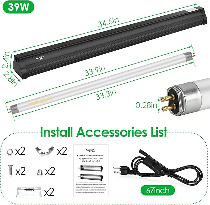 UVB Light for Reptiles Bearded Dragon, T5 UVB Reptile Light Fixture HO UVB Bulb Lighting Combo Kit 10.0 39W UVA UVB Reptile Light Bulb Terrarium Lamp Tube Bar for Snake Gecko Turtle Lizard, 34 Inch