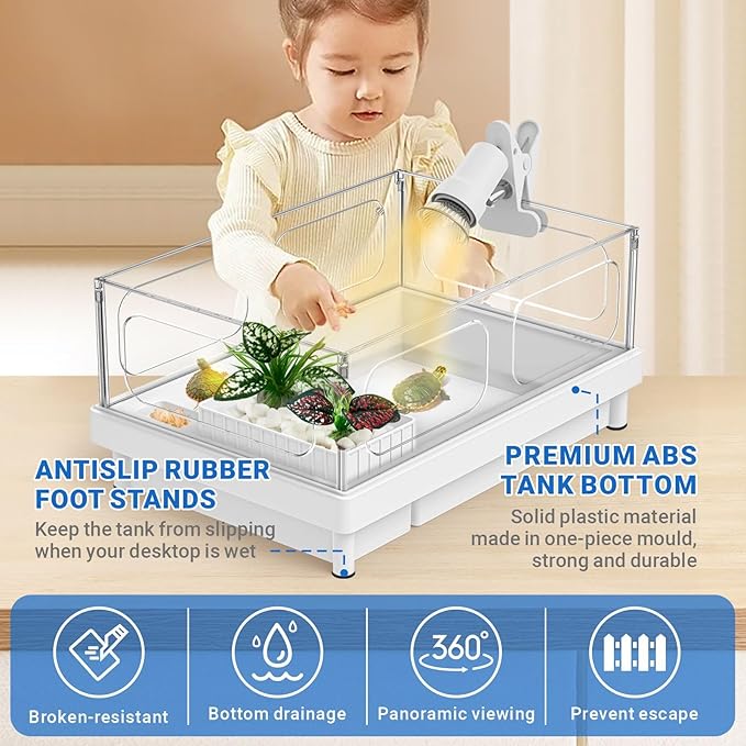 GOZILLA Small Turtle Tank with Adjustable Lamp, Acrylic Turtle Tank Starter Kit, Reptile Habitat and Terrarium with Multi-Functional Areas for Tortoise, Crab, Crayfish, Small Reptile.(Tank+Lamp)