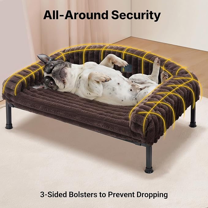 Veehoo Elevated Dog Bed with Bolster Cushion, Fluffy Plush Dog Couch Beds for Small Dogs, Cats, Washable Raised Pet Cot with Non-Slip Feet for Indoor or Patios Use, 24 x 18 Inches, Brown