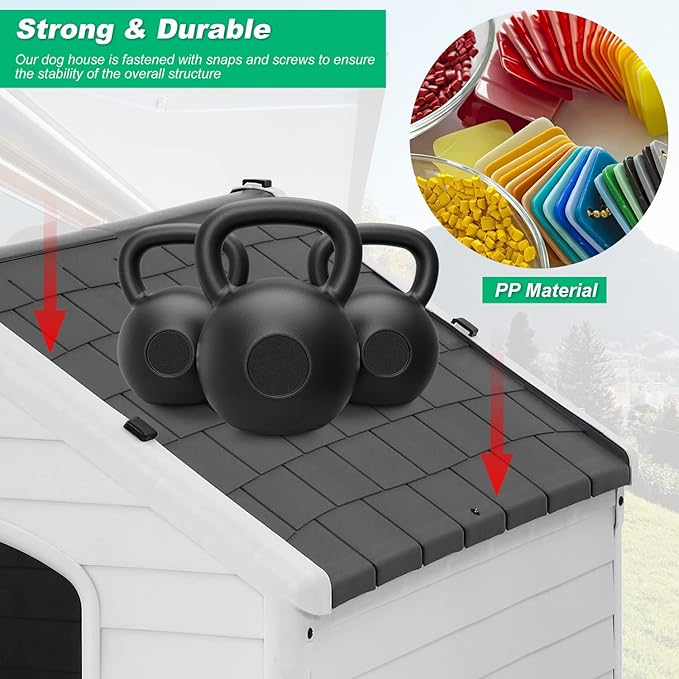 FDW Dog House Indoor Outdoor Durable Ventilate Waterproof Pet Plastic Dog House for Small Medium Large Dogs Insulated Puppy Shelter Kennel Crate with Air Vents and Elevated Floor