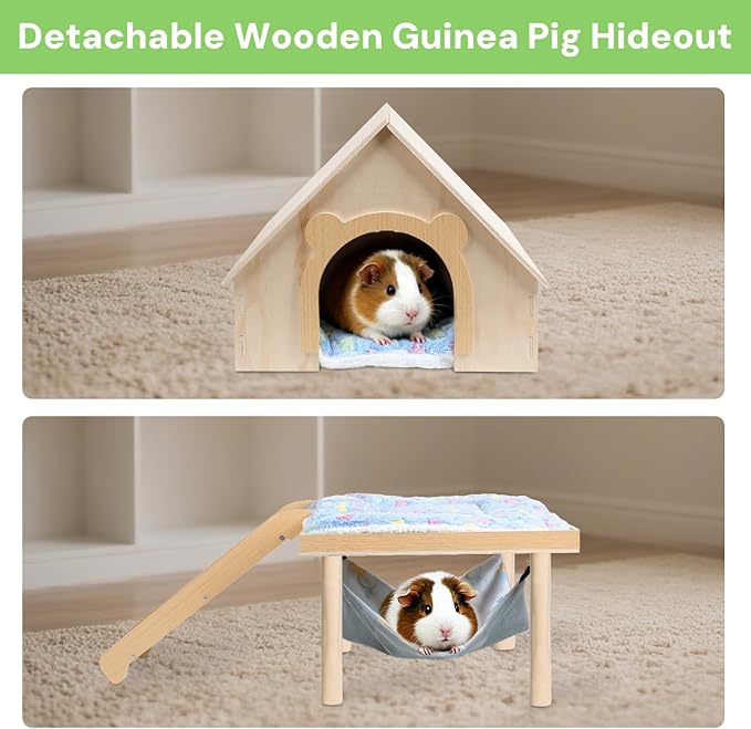 Guinea Pig Hideout- Wooden Guinea Pig Toys with Stairs and Mat & Hammock, Detachable Double-Decker House for Small Animal Toys for Hiding Sleeping Activities