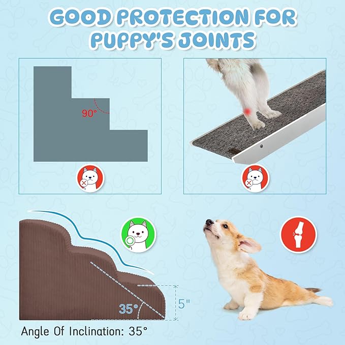 Mesa Lemon Dog Steps for Small Dogs, 3-Step Pet Ramp Stairs for High Beds and Sofa, Non-Slip Pet Stairs for Small Dogs and Cats, Removable and Easy to Clean Cover, Coffee