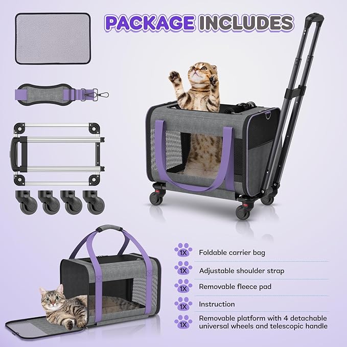 Cat Carrier on Wheels Airline Approved: Betopet Rolling Cat Carrier for Small Dog Medium Cat Under 18lbs - Cat Soft Carrier Pet Travel Bag TSA Approved Under Seat for Airplane Transport Flight