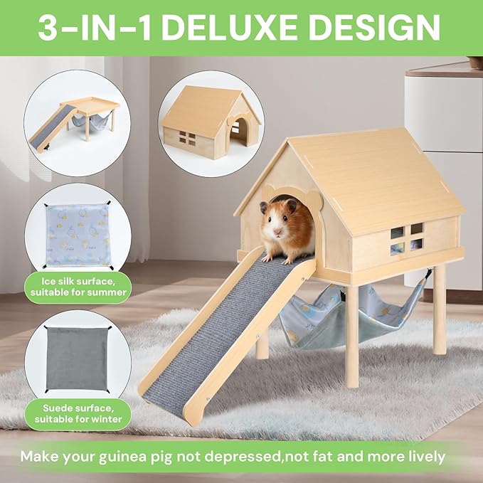 Guinea Pig Hideout- Wooden Guinea Pig Toys with Stairs and Mat & Hammock, Detachable Double-Decker House for Small Animal Toys for Hiding Sleeping Activities