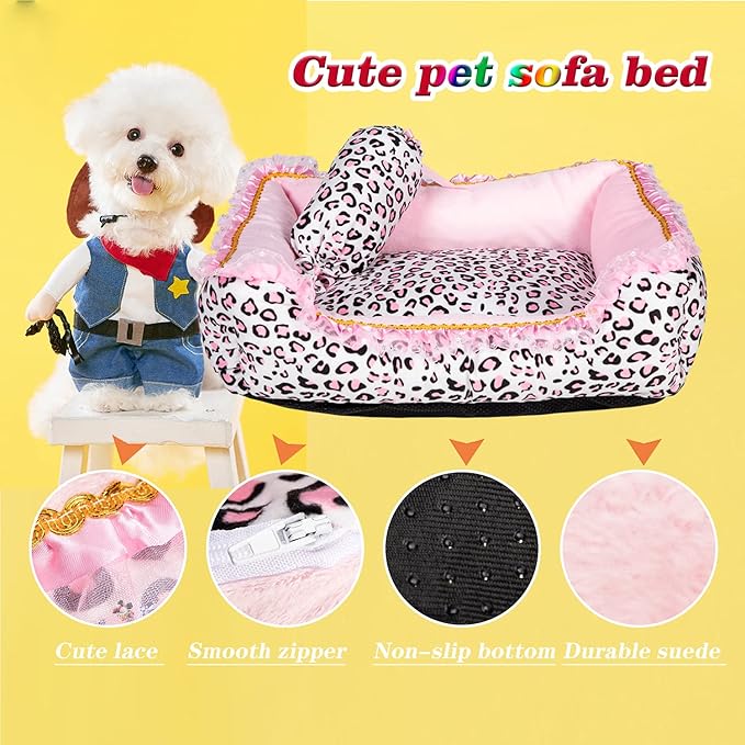Gigreinc Dog Bed for Small Dogs - Cute Pink Leopard Dog Bed,Cat Beds for Indoor Cats Washable - Square Shape Cat Dog Sofa Bed Pet House Nest Cave(M, 20.8"L x 18"W x 5.5"）