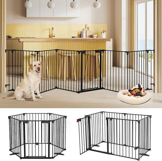 AGESISI Freestanding Dog Gates with Door Walk Through, Extra Wide Doggy Door 150" W x 29" H Pet Gate Safty 6 Panels Dog Fence for Stairs, Doorways