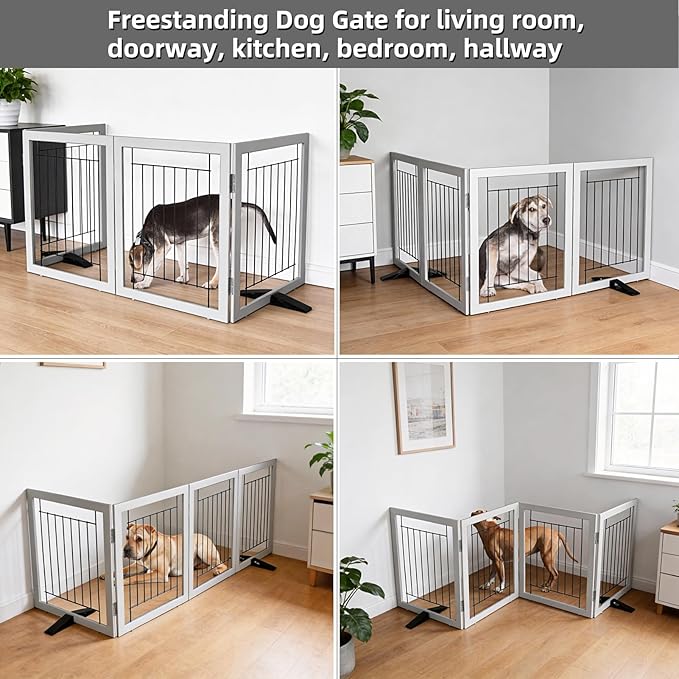 ZJSF Freestanding Dog Gate Indoor, Foldable Dog Fence for Doorways,Hallways or Stairs, Sturdy Wood Extra Wide Pet Gate with Support Feet,Grey,24 "Height-4 Panels