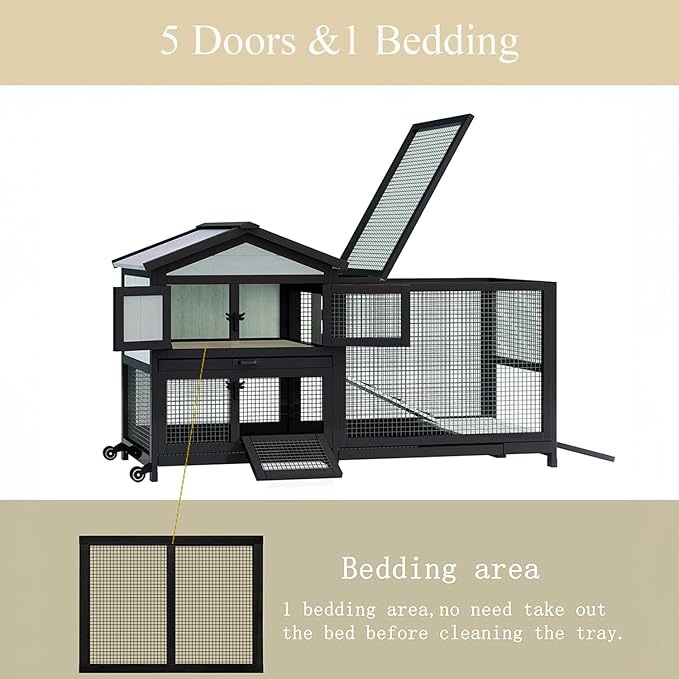 57.9” Indoor/Outdoor Rabbit Hutch with Run, 2-Story Wooden Bunny House with Leak-Proof Trays & Chew-Proof Ramp, Wheels for Easy Movement