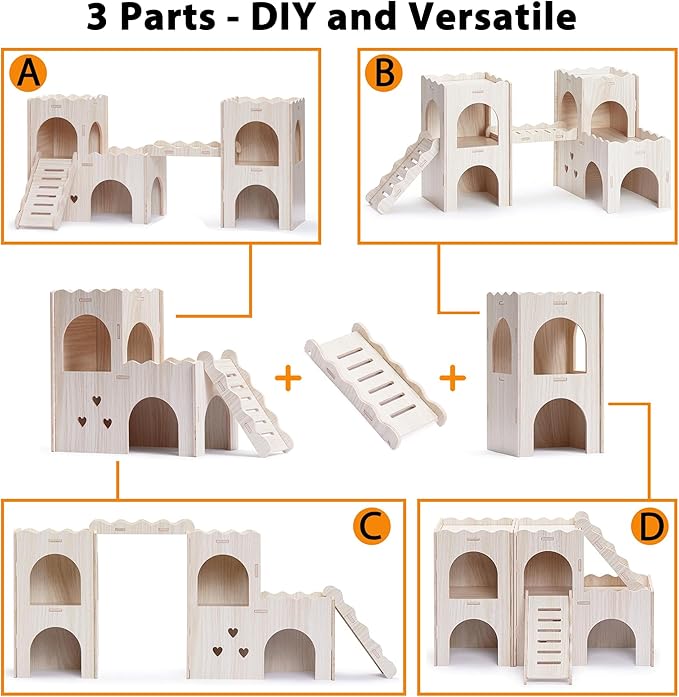 Large Hamster Hideout, Wooden Hamster Houses and Hideouts, Double-Decker Hamster Hut Castle, Dwarf Gerbils Habitat House with Climbing Ladder, Multi Chamber Syrian Hamsters Hides