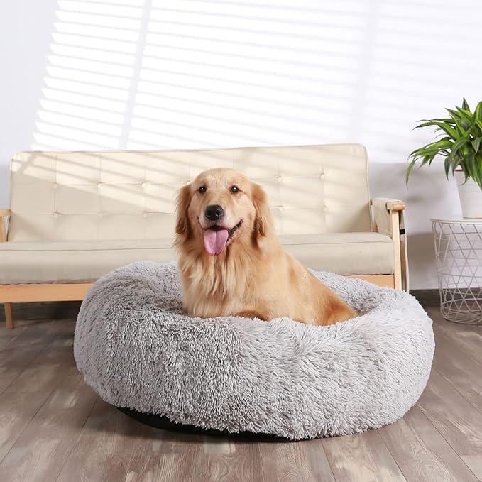 HACHIKITTY Calming Donut Cuddler Dog Bed, Round Fluffy Pet Bed for Large Dogs,Washable, Large, Gray, 30''
