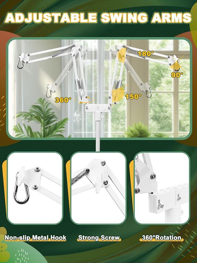 Dual Reptile Light Stand, Heat Bulb Stand (15.7 to 74.3 inch) with 2 Adjustable 360° Swing Arms for Terrarium, Reptile Heat Lamp Stand for Bearded Dragons, Turtles, and Chameleons (White)