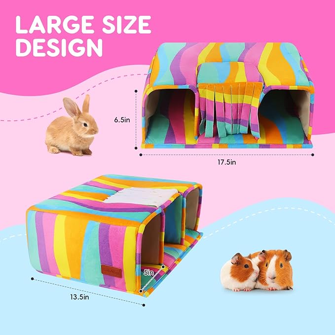 Guinea Pig Hideout with Tunnels, Toys & Cozy House - Soft Large Bed for Small Pets - Rainbow